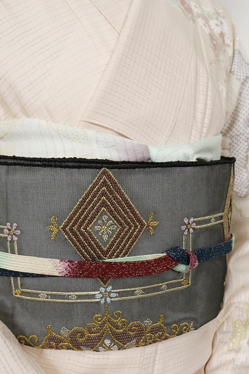 銀座【L-7402】紗 刺繍 袋帯 黒色 装飾文 - 銀座きもの青木