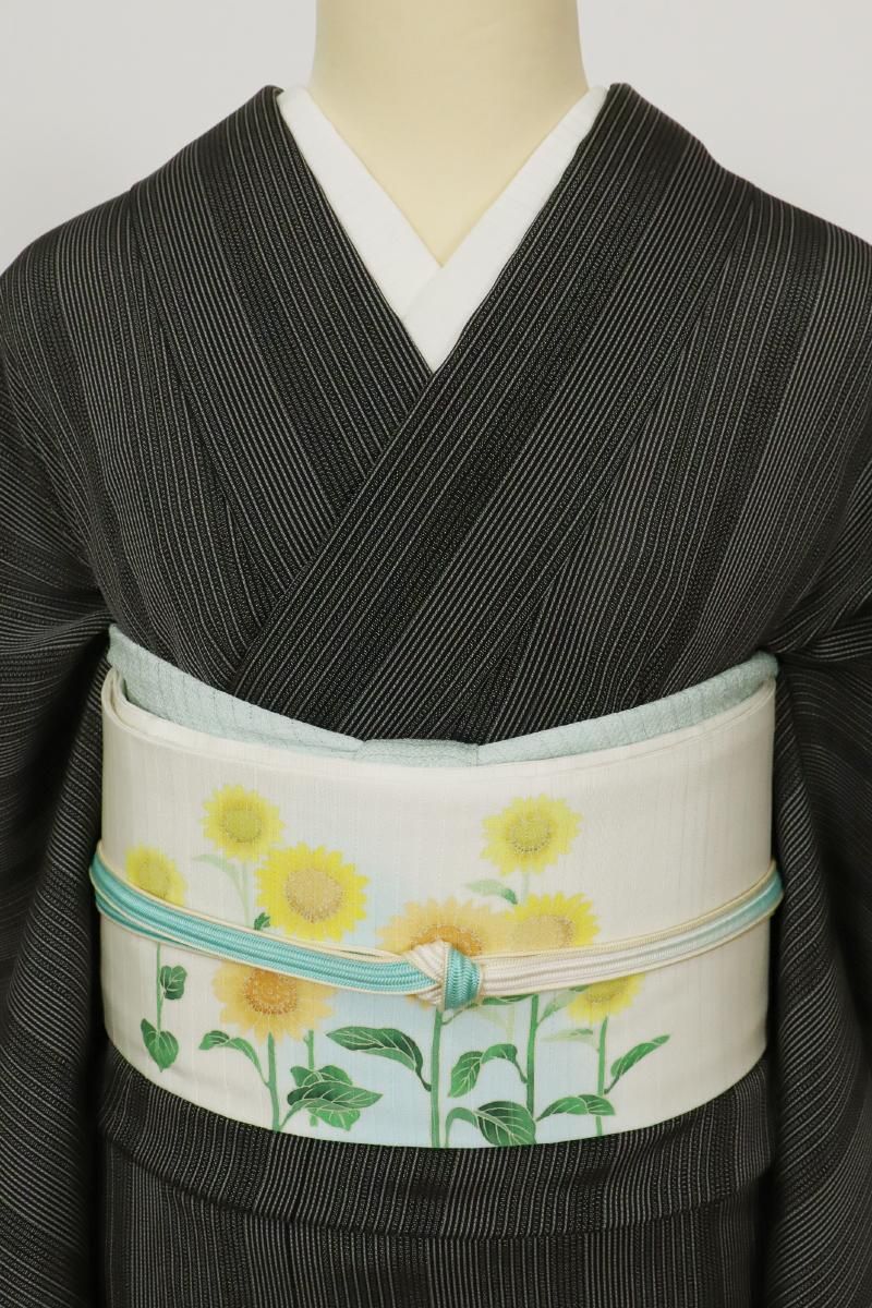 【名古屋帯】作家物 山葵・きのこ模様 塩瀬 正絹　三越　カジュアル　アンティーク 6-5-02874a.jpg