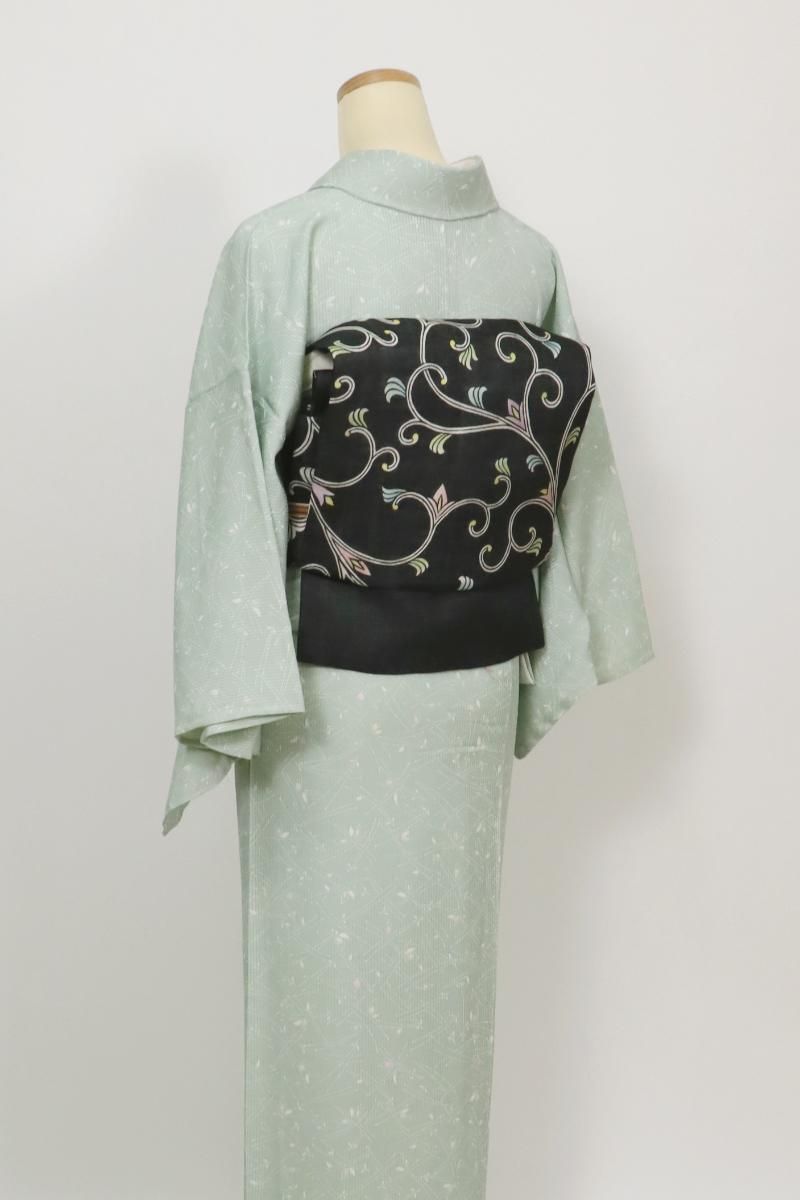 名古屋帯 麻型に花 モノトーン 開き 正絹 AO-4251 名古屋帯 麻型に花 モノトーン 開き 正絹 AO-4251