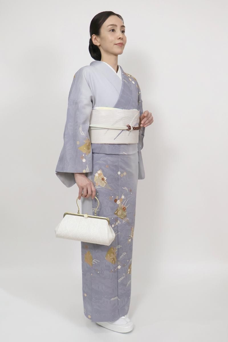 銀座【B-3738】絽 訪問着 薄鼠色 波に扇文 :身丈161/裄67 - 銀座