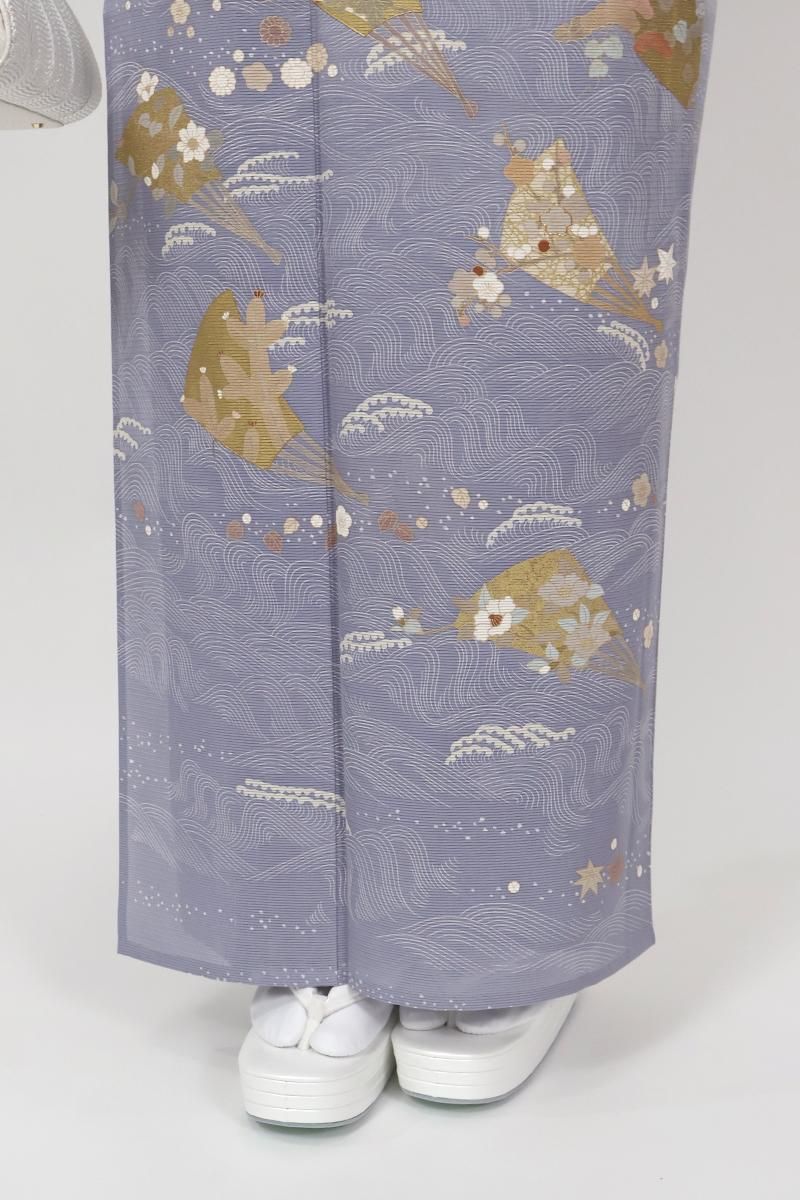 銀座【B-3738】絽 訪問着 薄鼠色 波に扇文 :身丈161/裄67 - 銀座きもの