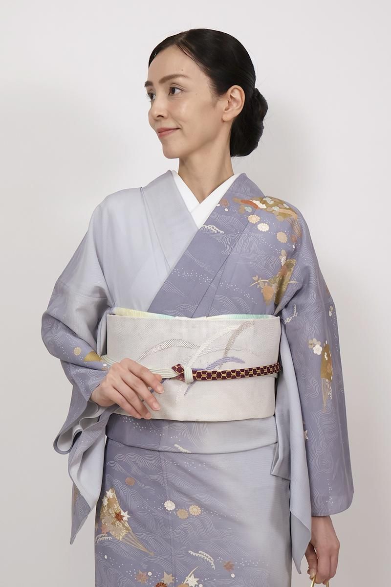袋帯紗六通抽象模様織り出し紫鼠色全長436幅30