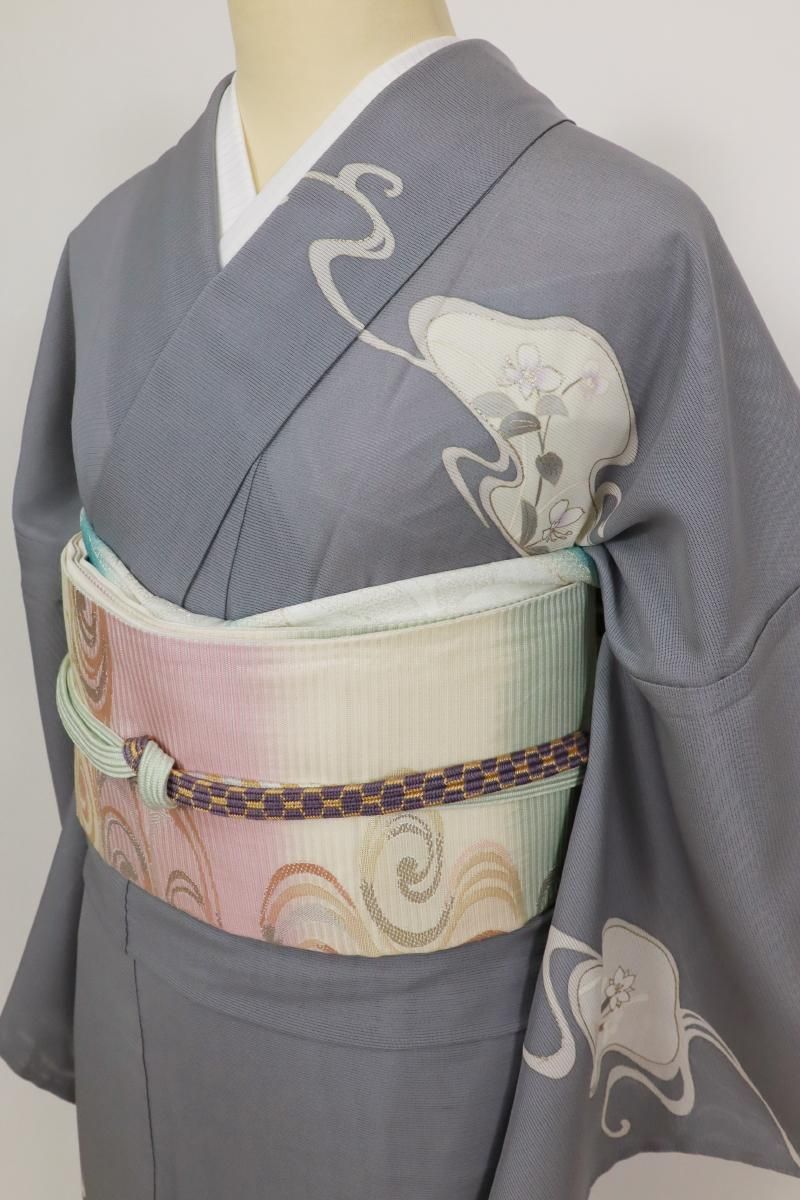 銀座【B-3747】絽 訪問着 鼠色 光琳水の花の図 :身丈162/裄68.5/広め