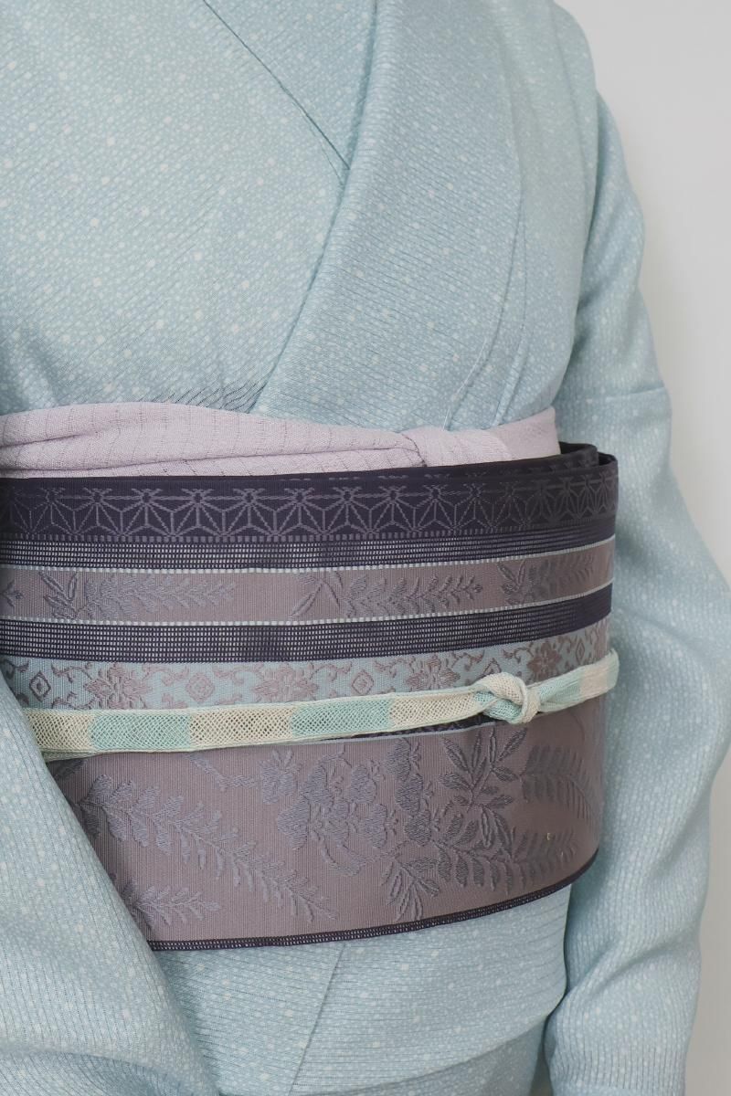 しー　夏帯　名古屋帯 藤鼠色　秋草模様 和装着物 正絹 5NH39 夏帯 名古屋帯 藤鼠色 秋草模様 お太鼓柄 和装着物 正絹 5NH39