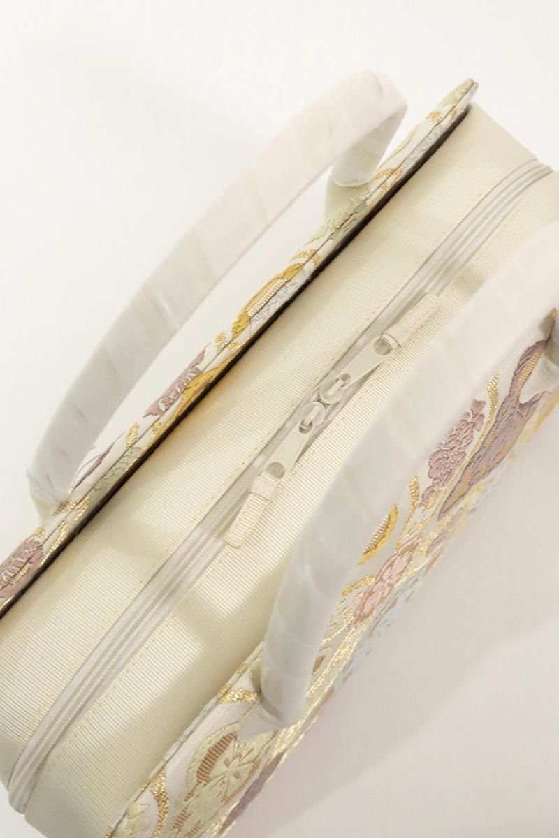 A23 新品未使用　全通袋帯　引箔　ゴールド花　リバーシブル　丸見屋　美品 G-3042】利休バッグ 象牙色 花菱襷文 - 銀座きもの青木｜長く大切に着