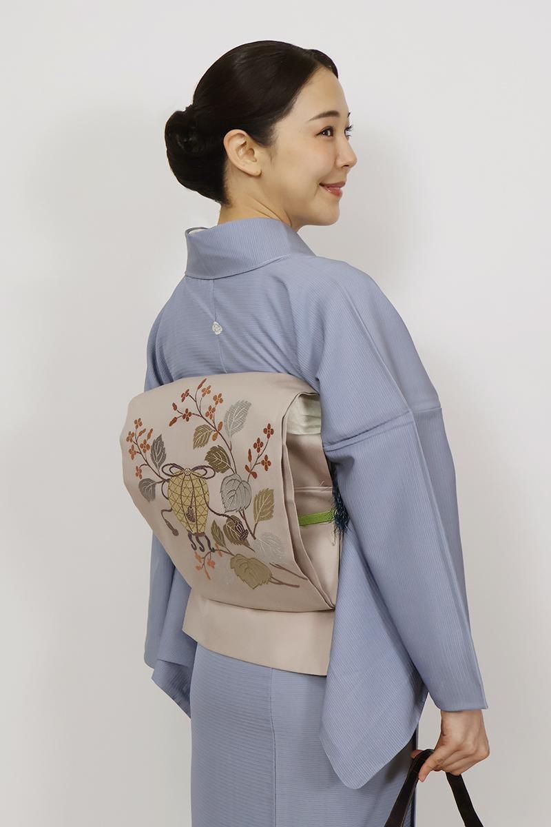 贅沢屋の 胡桃染色 袋帯 銀座【L-7459】紗 虫籠や秋海棠の図 銀座きもの - 着物・浴衣