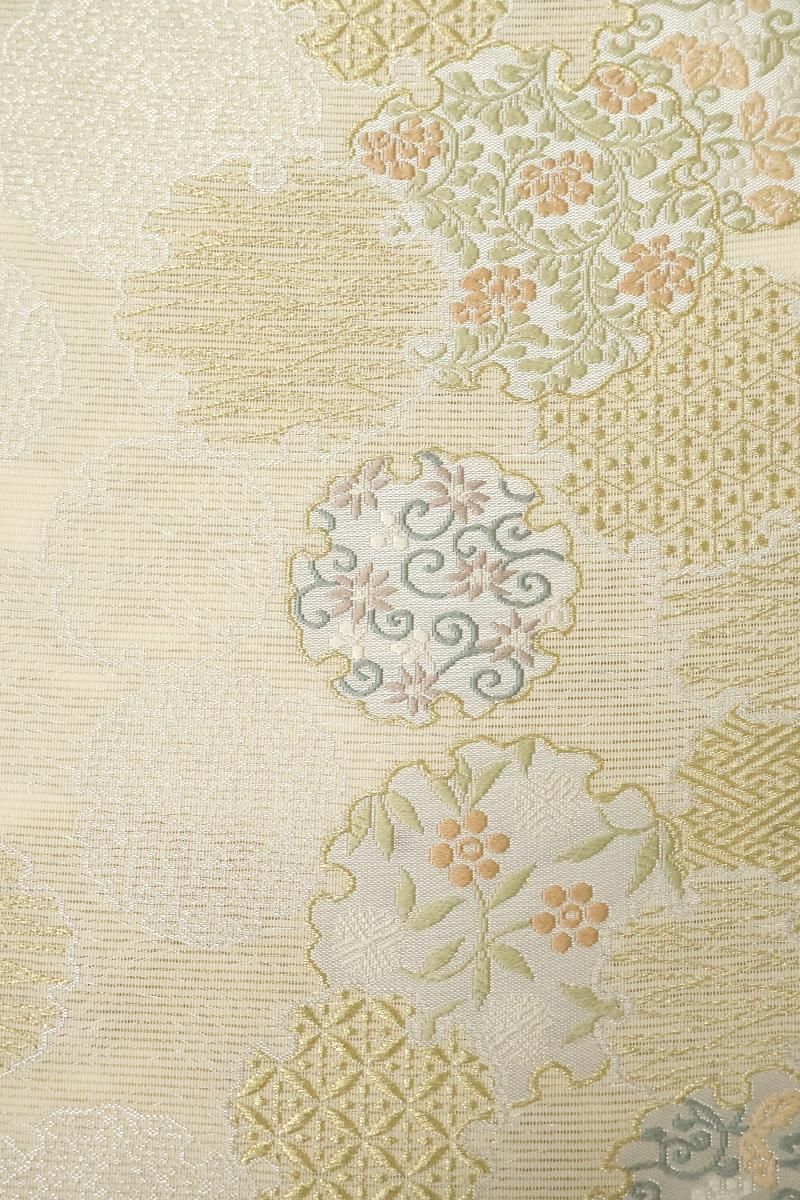 銀座【L-7425】西陣 ふくい製 絽 袋帯 練色 花雪輪文（西陣証紙