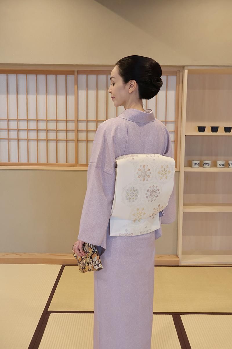 銀座【L-7434】西陣製 絽 袋帯 胡粉色 雪花文（西陣証紙付）（N