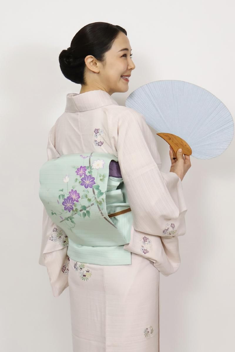 銀座【K-9826】秀美製 絽塩瀬地 染名古屋帯 錆青磁色 垣根に鉄線