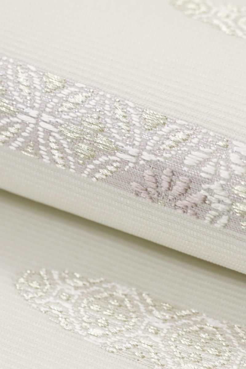 銀座【K-9858】西陣製 絽 織名古屋帯 灰白色 変わり段に有職文