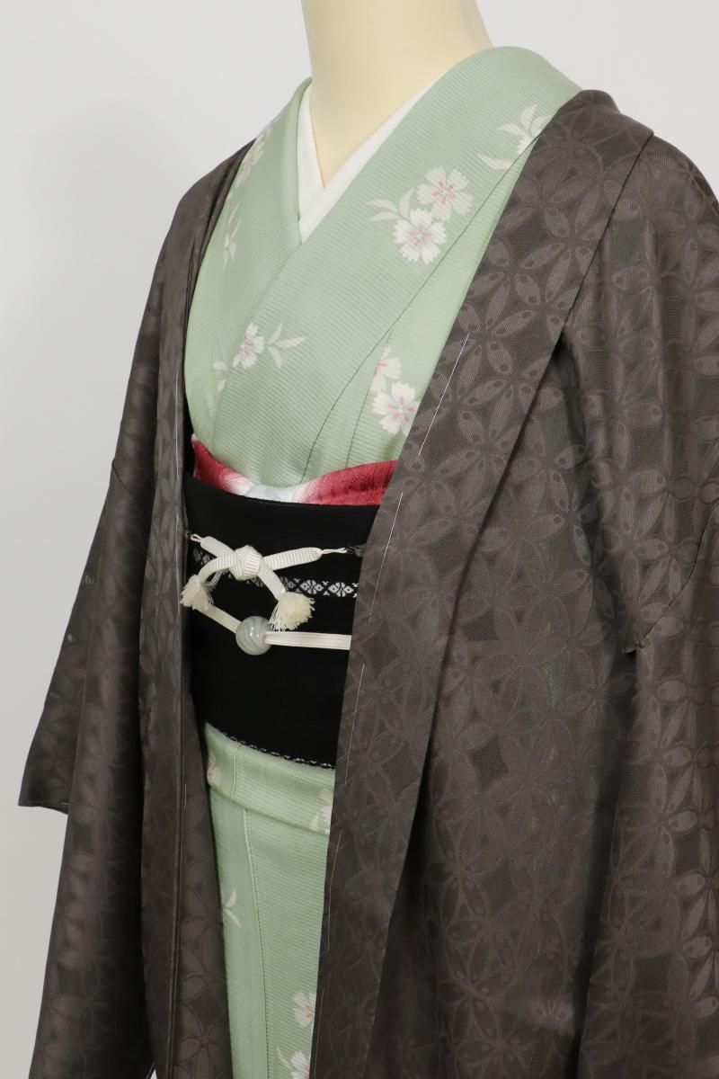 銀座【E-2030】紋紗 羽織 黒橡色 花文（反端付）（N）:身丈