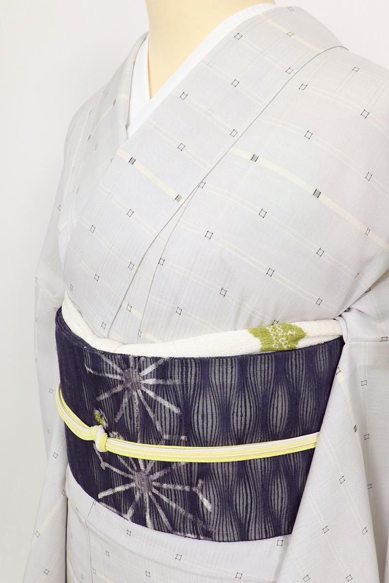 【名古屋帯】夏帯　絹麻　茶鼠色　緑色　トープ　グリーン 光琳菊　薄物　盛夏 名古屋帯】夏帯 絹麻 茶鼠色 緑色 トープ グリーン 光琳菊 薄物