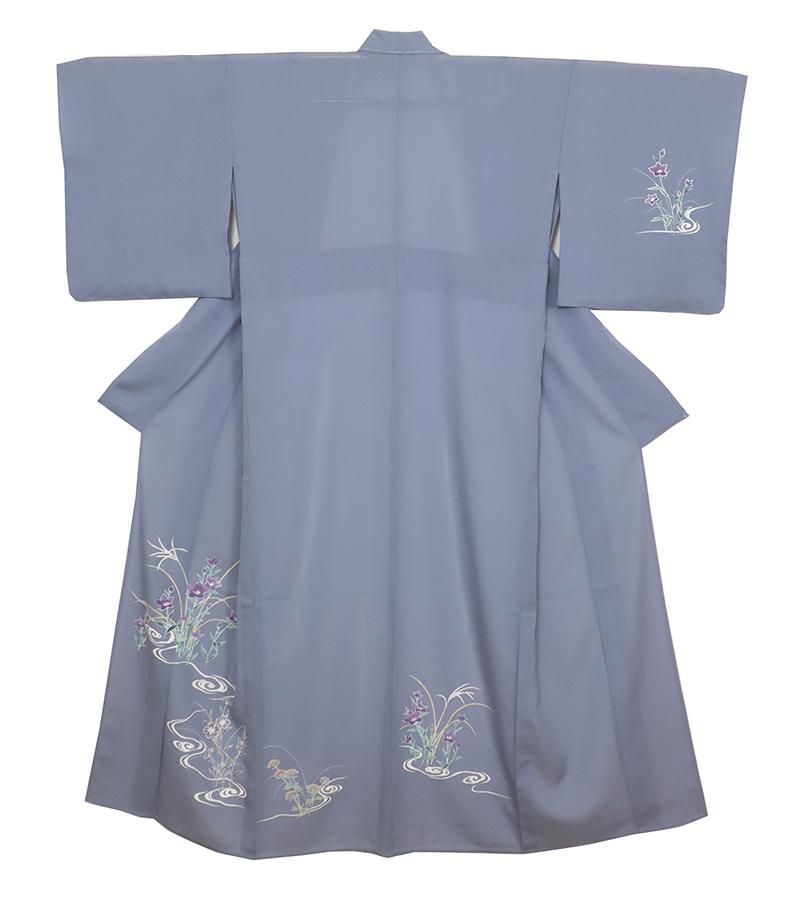 銀座【B-3767】絽 付下げ 暗め紅掛空色 流水に秋草の図（反端付