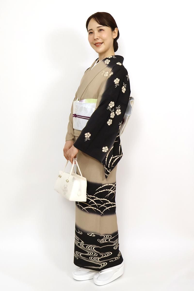 銀座【B-3764】池田重子コレクション 絽縮緬 訪問着 白橡色×黒色 銀座【B-3764】池田重子コレクション 絽縮緬 訪問着 白橡色×黒色