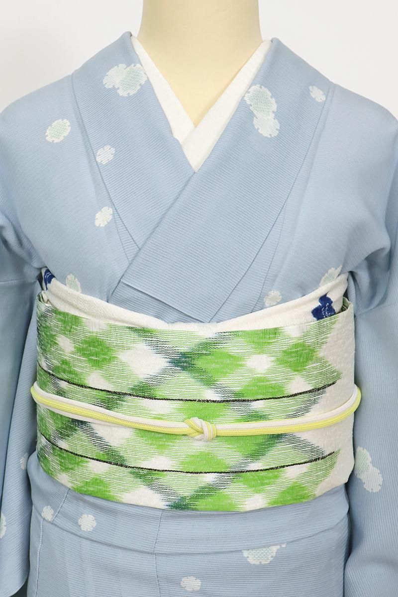 銀座【K-9904】西陣製 夏 すくい織 開き織名古屋帯 胡粉色×鶸萌