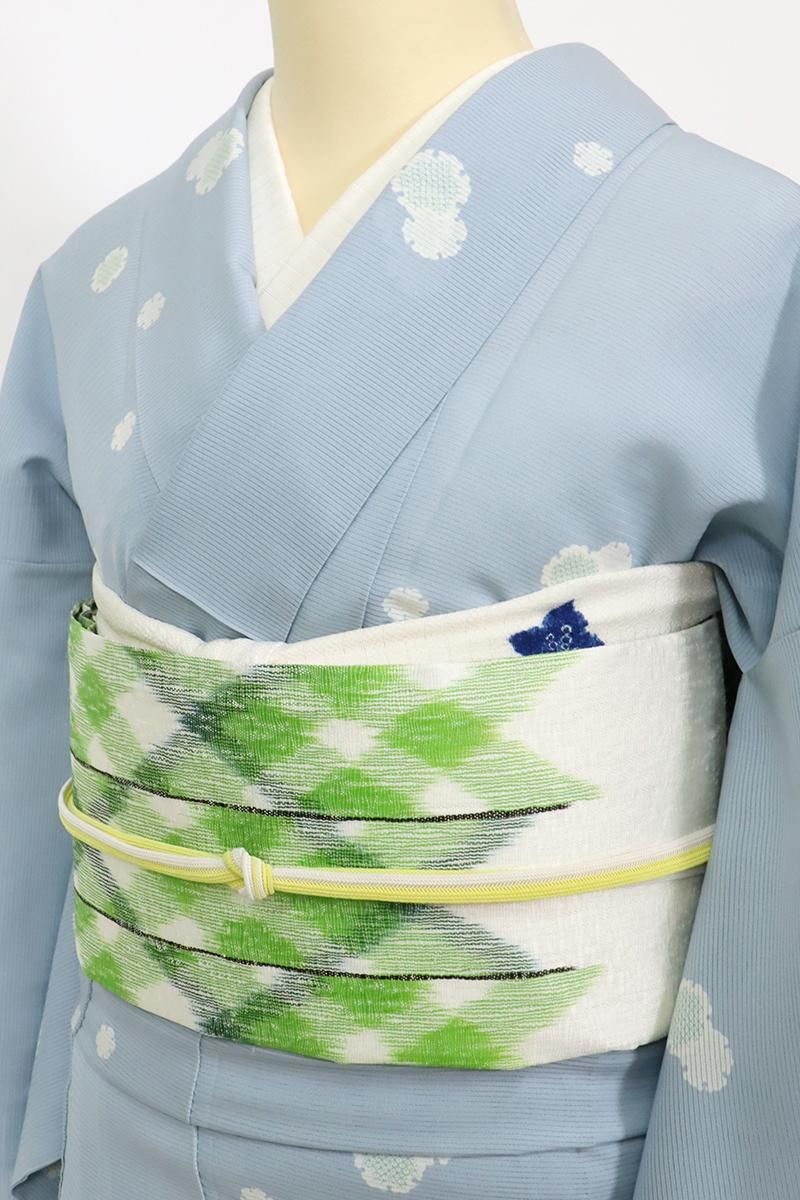 銀座【K-9904】西陣製 夏 すくい織 開き織名古屋帯 胡粉色×鶸萌