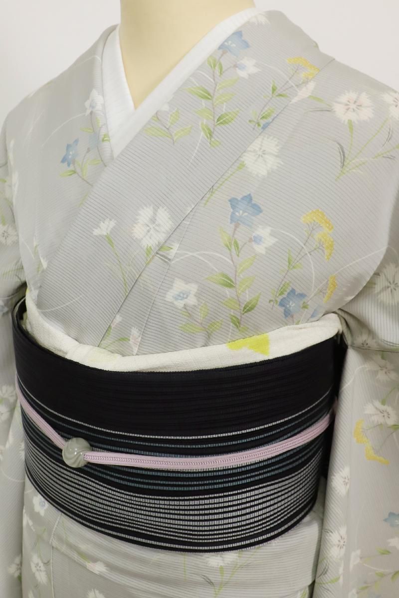 あおき【D-3557】絽 小紋 白鼠色 秋草文 （高島屋扱い）:身丈155/裄65