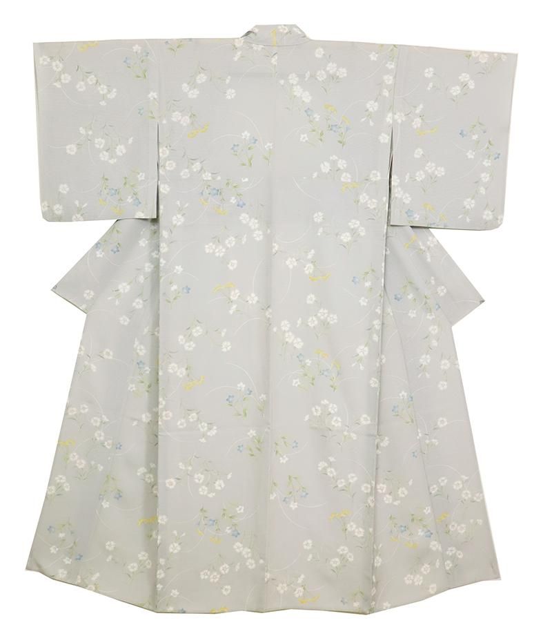 銀座【D-3557】絽 小紋 白鼠色 秋草文 （高島屋扱い）:身丈155/裄65