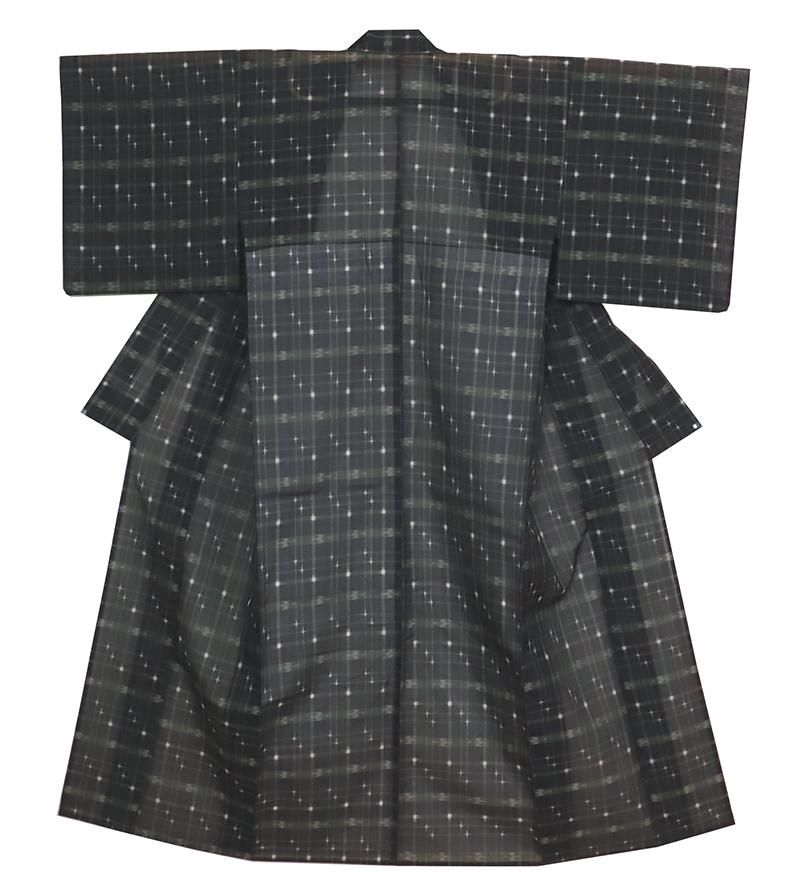 銀座【A-3991】本場夏琉球絣 黒緑色×麹塵色 格子に絣文（証紙付