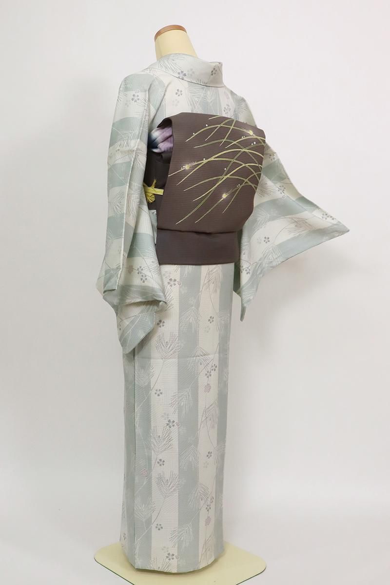 銀座【D-3566】薄物 小紋 生成り色×明るい湊鼠色 竪縞に松葉や 銀座【D-3566】薄物 小紋 生成り色×明るい湊鼠色 竪縞に松葉や