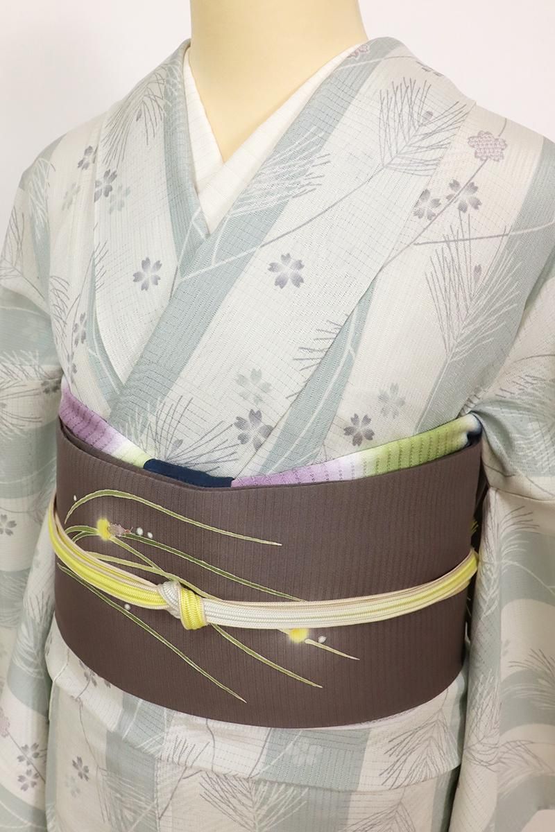 銀座【D-3566】薄物 小紋 生成り色×明るい湊鼠色 竪縞に松葉や 銀座【D-3566】薄物 小紋 生成り色×明るい湊鼠色 竪縞に松葉や