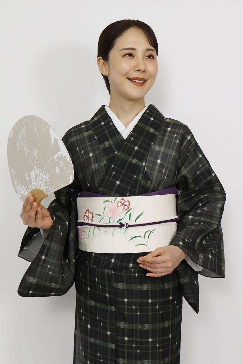 市松模様 縮緬 花柄 色味の良い 素敵なデザイン 小紋 正絹