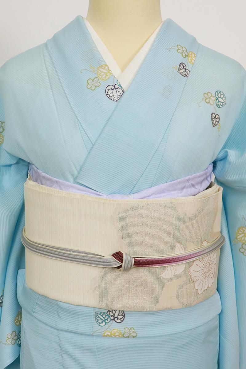 銀座【L-7524】西陣 おび弘製 絽 袋帯 練色 辻が花風文様（証紙