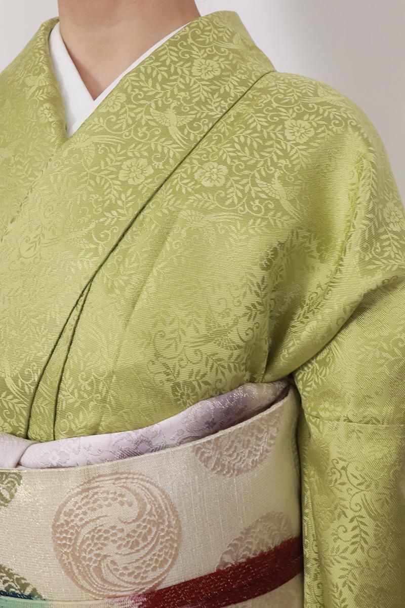 銀座【C-2748】染一ッ紋 色無地 若芽色 花唐草に鳳凰の地紋