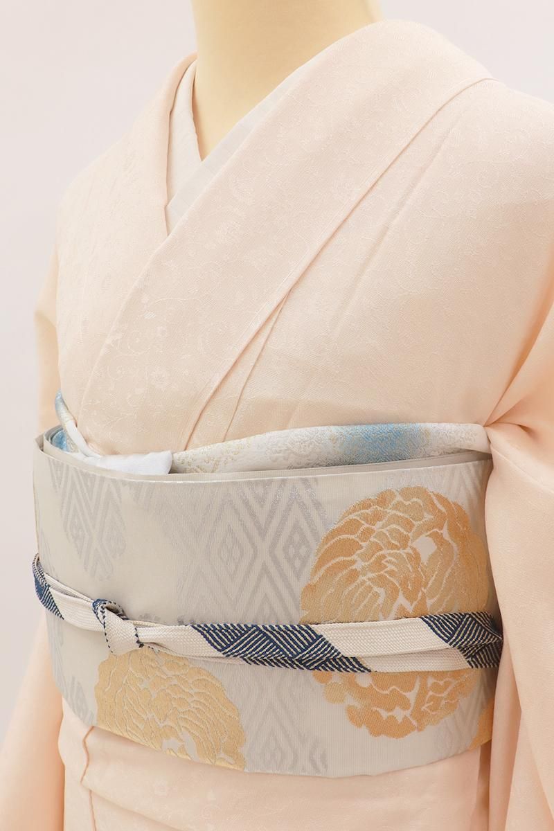 銀座【L-7544】西陣 錦松織物製 袋帯 生成り色 菱に鳳凰の丸文