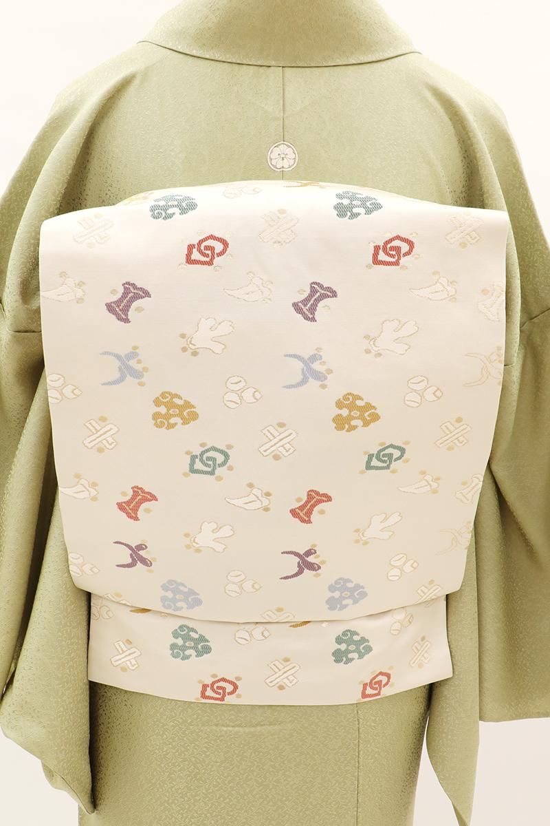 銀座【K-9978】織名古屋帯 象牙色 宝尽くし文（三越扱い