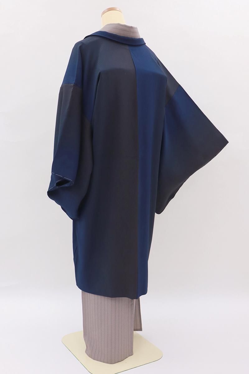 銀座【E-2052】紋紗 羽織 黒色×濃藍色 竪暈かし（反端付） :身丈101/裄