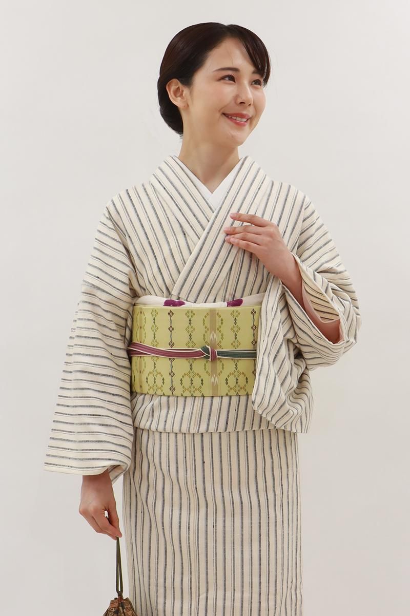 銀座【K-9961】琉球花織 紬地 名古屋帯 淡い木蘭色 幾何文