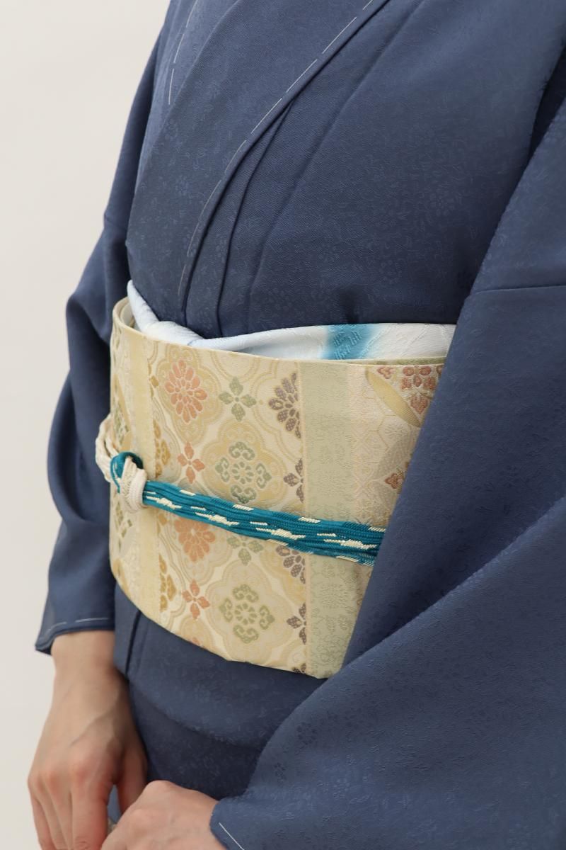 G-3096】衿秀製 帯揚げ 七宝花菱文 横段暈かし 水色系×白色系