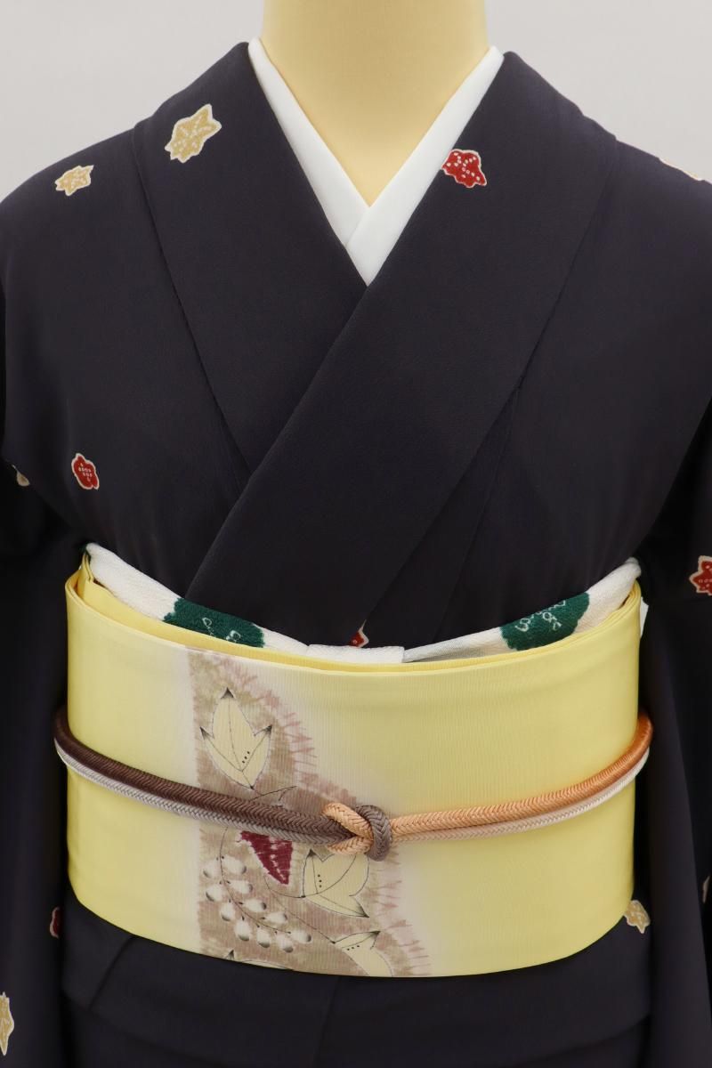 銀座【H-0013】森健持作 染名古屋帯 淡黄色 辻が花文(落款入 銀座【H-0013】森健持作 染名古屋帯 淡黄色 辻が花文(落款入