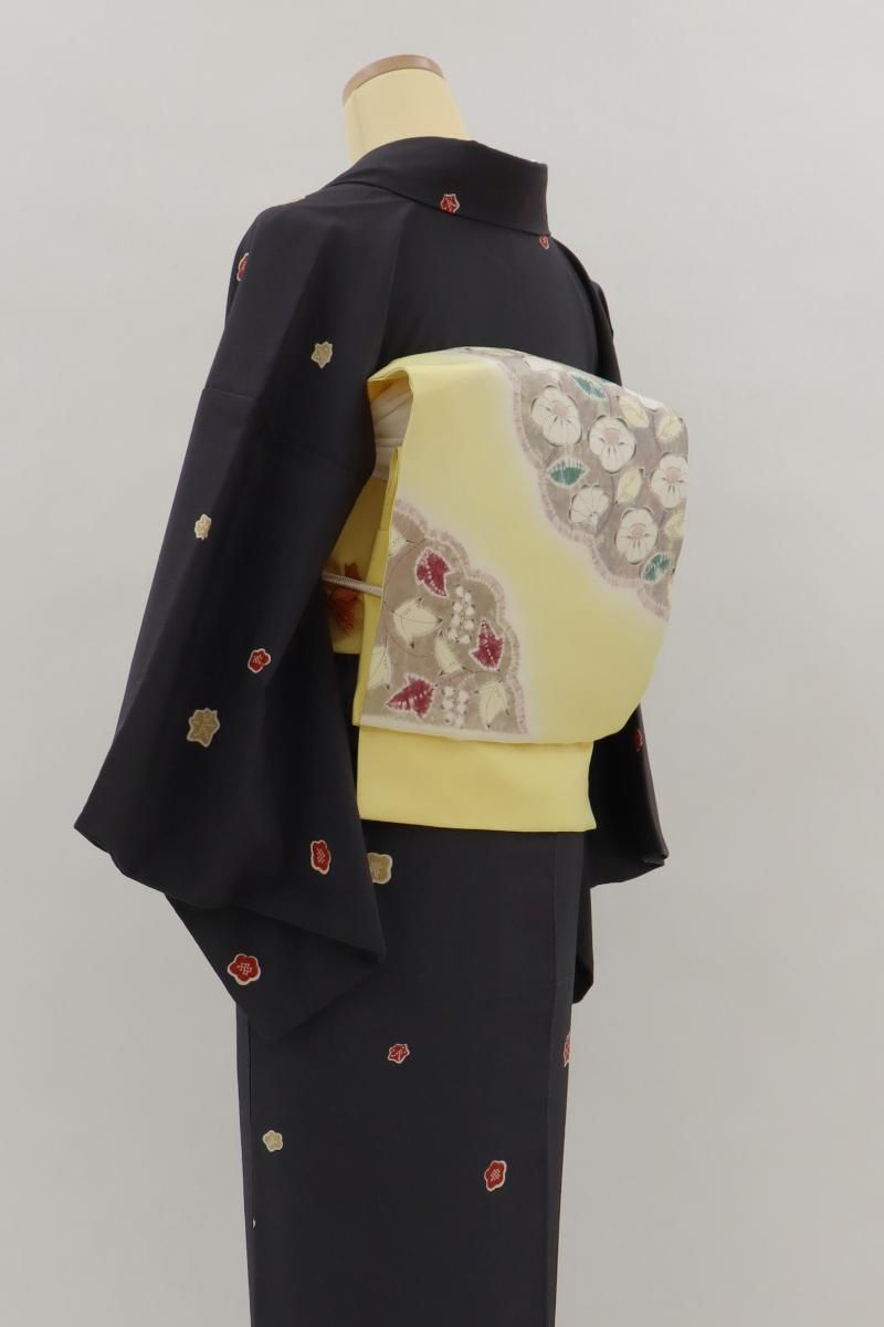 銀座【H-0013】森健持作 染名古屋帯 淡黄色 辻が花文（落款入