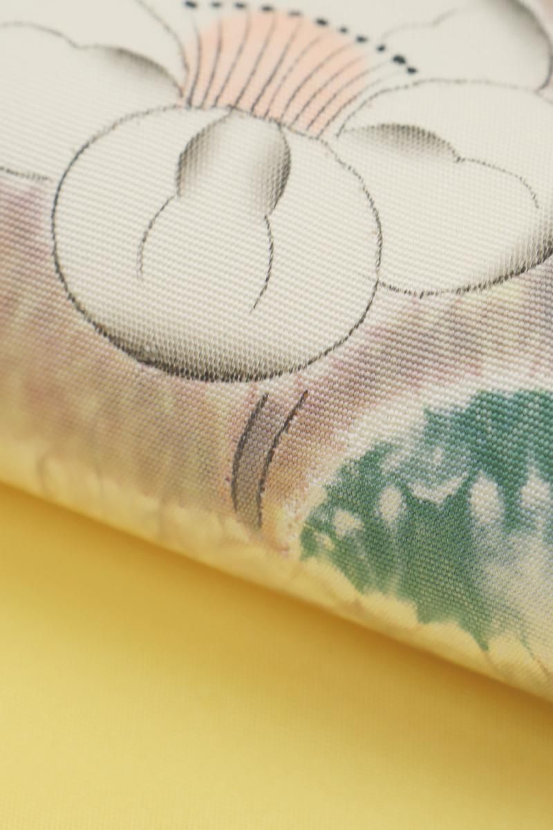 銀座【H-0013】森健持作 染名古屋帯 淡黄色 辻が花文（落款入