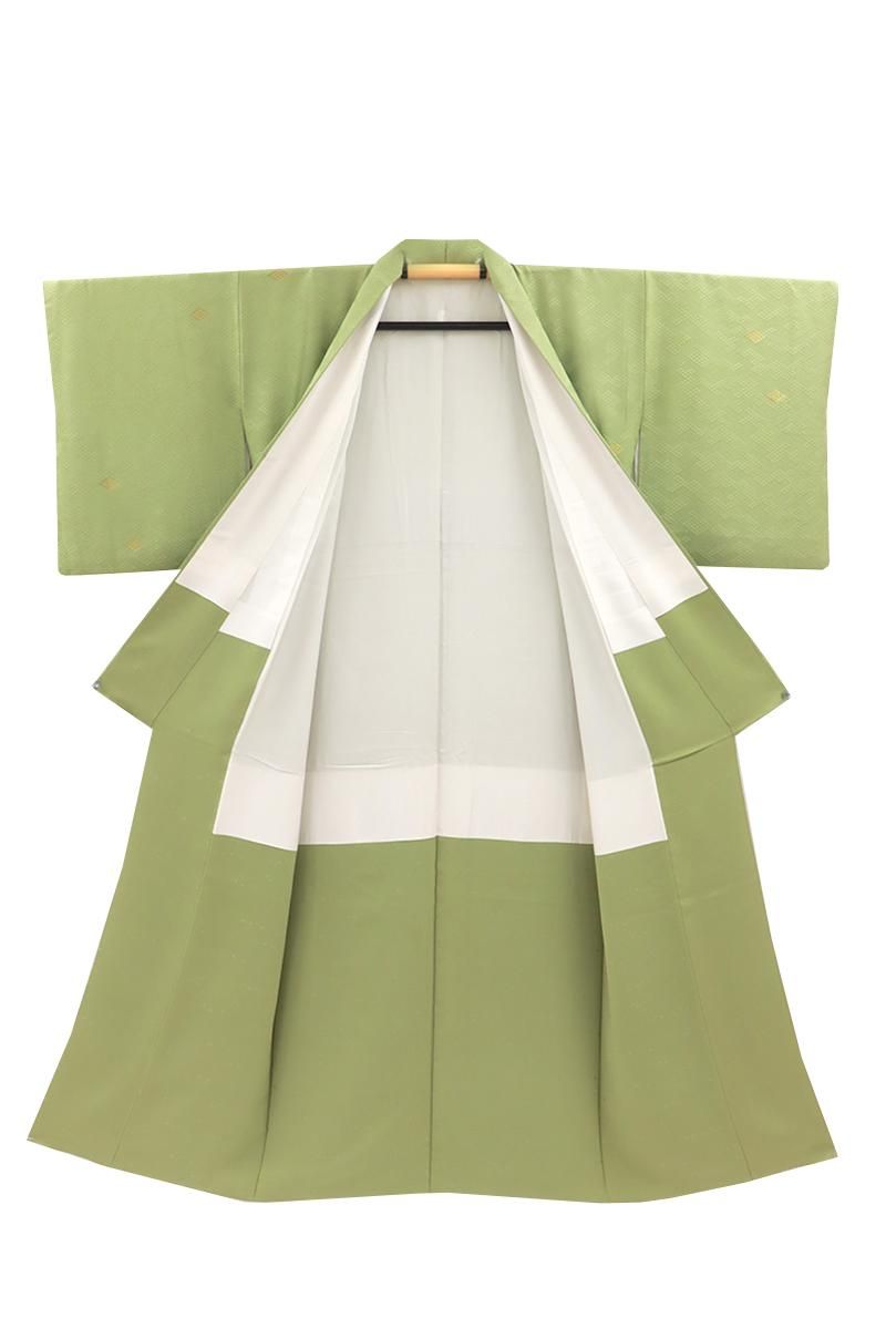 銀座【C-2930】染一ッ紋 色無地 緑色系 花菱の地紋 :身丈154/裄