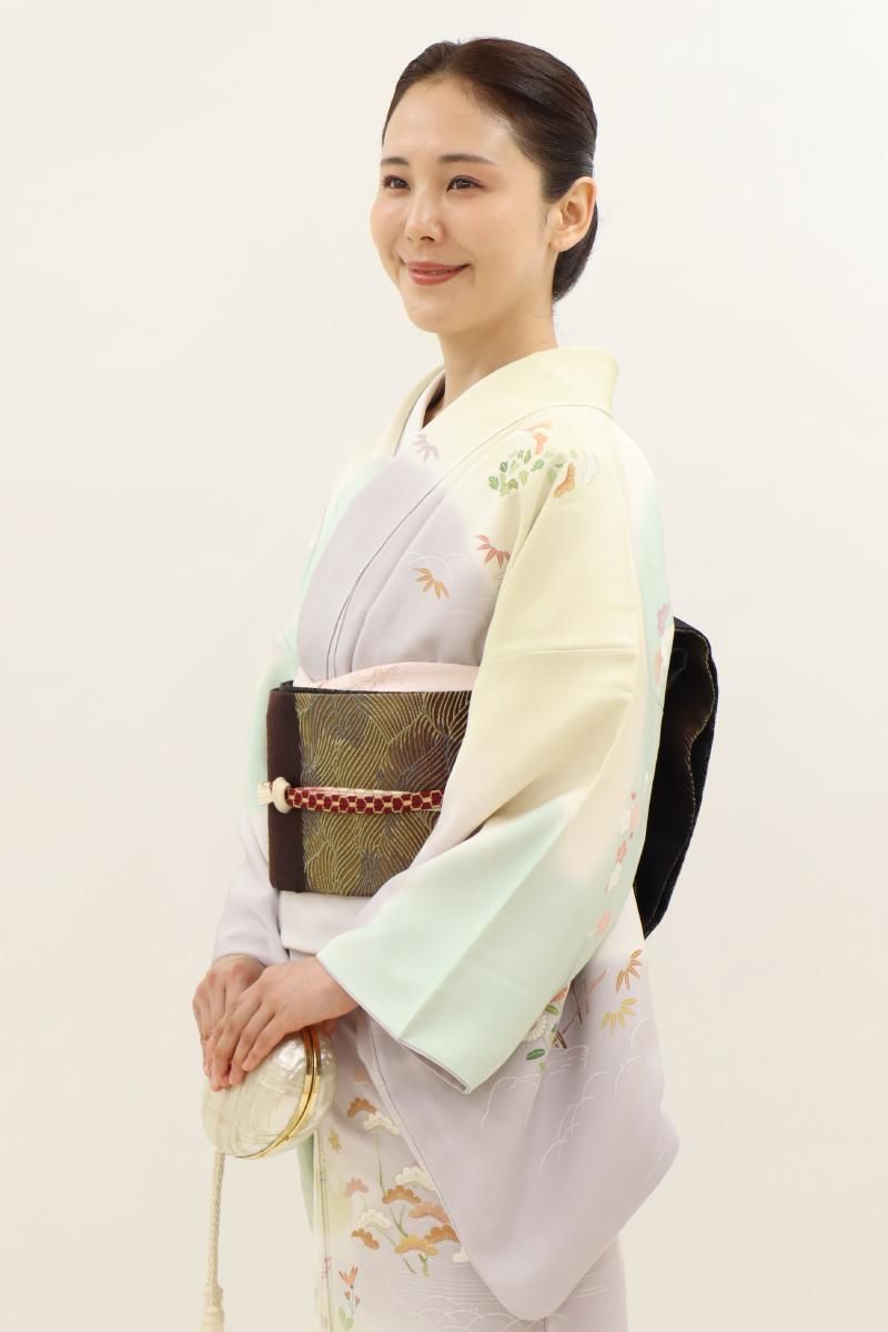茶色の絹製袋帯 銀座【L-7607】西陣 紋屋井関製 御寮織 袋帯 茶色系 横段に立涌