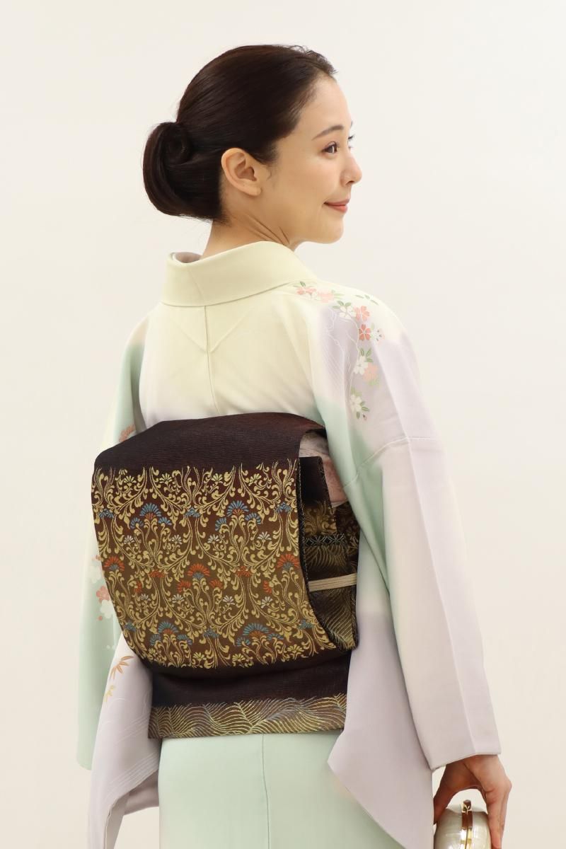 銀座【L-7607】西陣 紋屋井関製 御寮織 袋帯 茶色系 横段に立涌