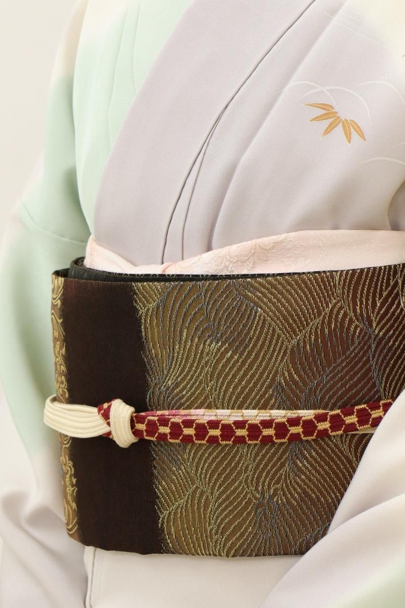 銀座【L-7607】西陣 紋屋井関製 御寮織 袋帯 茶色系 横段に立涌