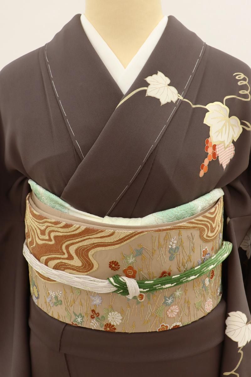 銀座【L-7664】相良刺繍 袋帯 茶色系 流線に吹き寄せ文 - 銀座
