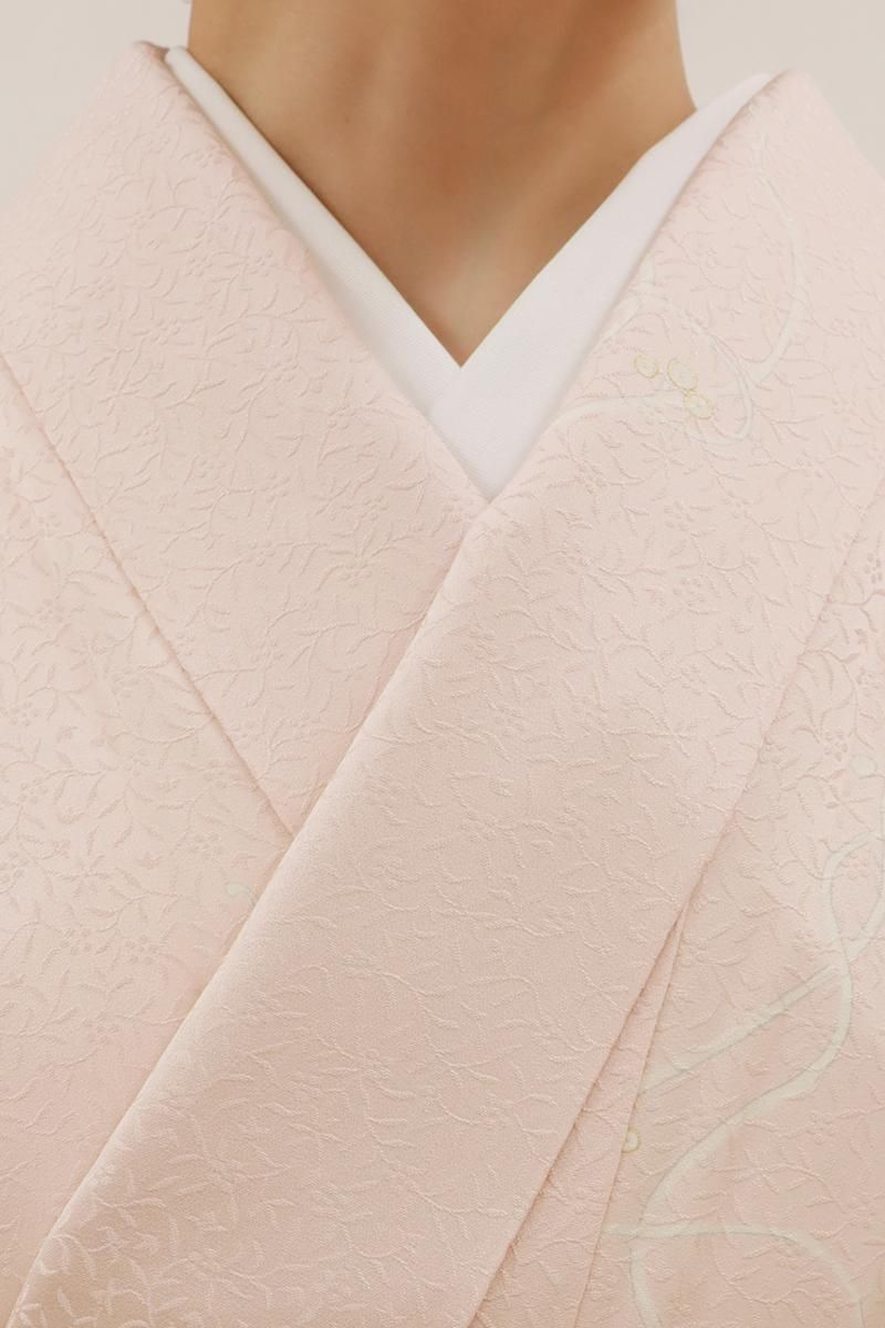 正絹 綸子 小紋 ピンク 葡萄柄 単品M