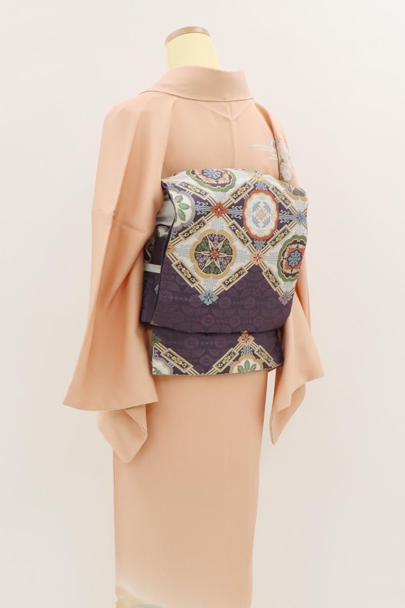 袋帯　蜀江紋　金通し　花紋　十字　くすみカラー　着物　022 a d 袋帯 蜀江紋 金通し 花紋 十字 くすみカラー 着物 022 a d