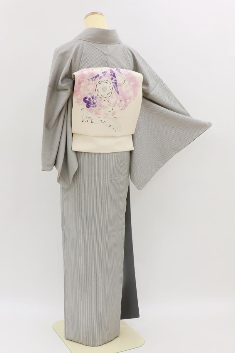 銀座【A-4043】御召 グレー系 竪縞:身丈153/裄68/広め - 銀座きもの