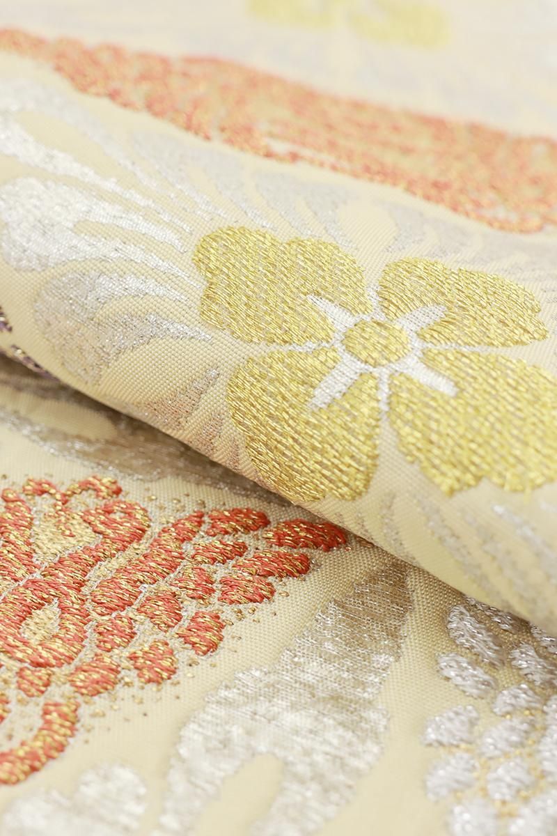 410my53◇水仙 蝶 花水木 タンポポ 金糸 六通 袋帯◇美品 銀座【L-7740】袋帯 黄色系 鳥襷文 - 銀座きもの青木｜長く大切に着