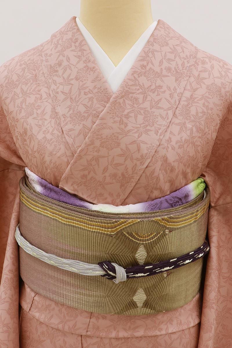 銀座【L-7744】袋帯 紫×緑系 横段暈かしに幾何文 - 銀座きもの