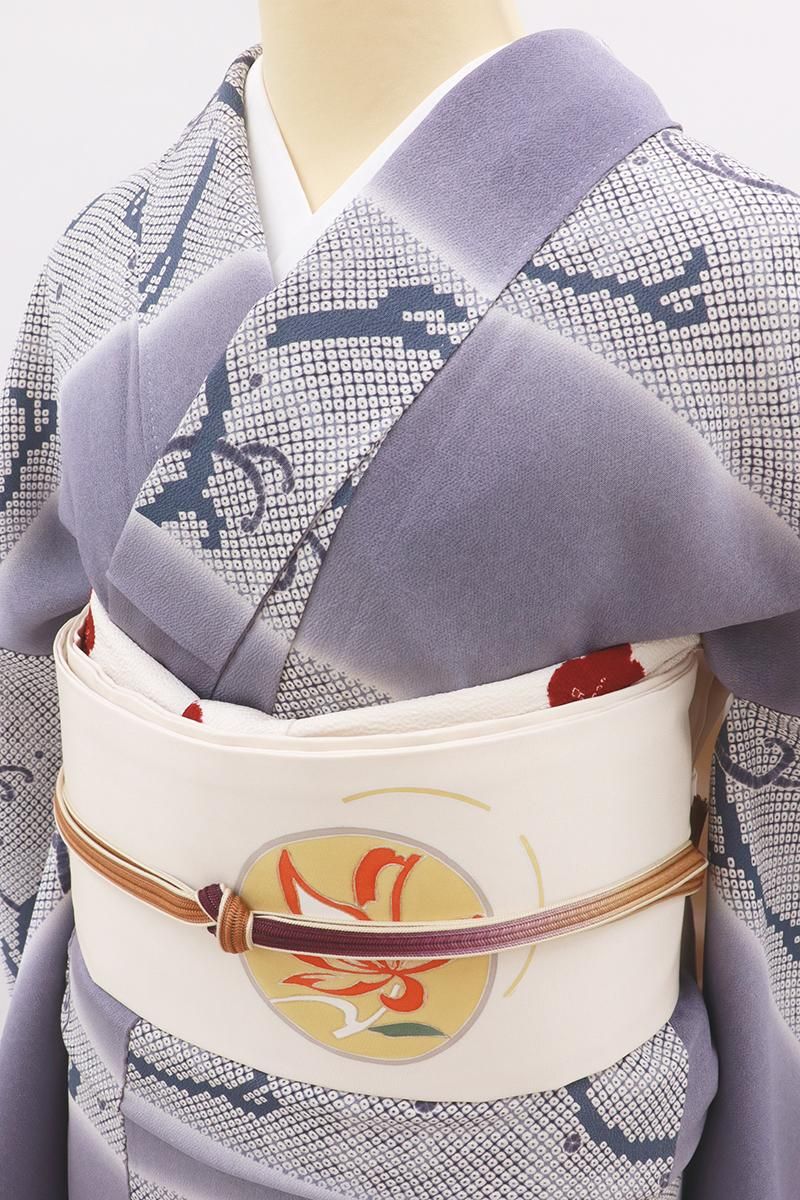 市松格子紋紗小紋【擦り疋田を込めた雪輪◆淡藤色×白×絹鼠色】ブルーラベンダー 市松格子紋紗小紋【擦り疋田を込めた雪輪◇淡藤色×白×絹鼠色】ブルー