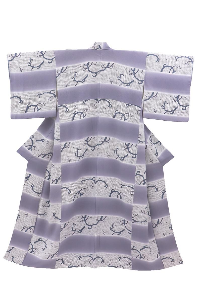 銀座【D-3643】縮緬地 小紋 紫色系 横段に疋田と波文 :身丈162/裄67