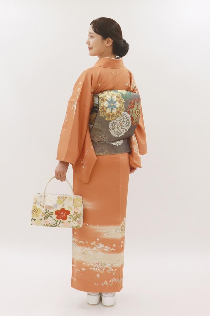 銀座【B-3869】訪問着 オレンジ系 流水に源氏香や四季花など