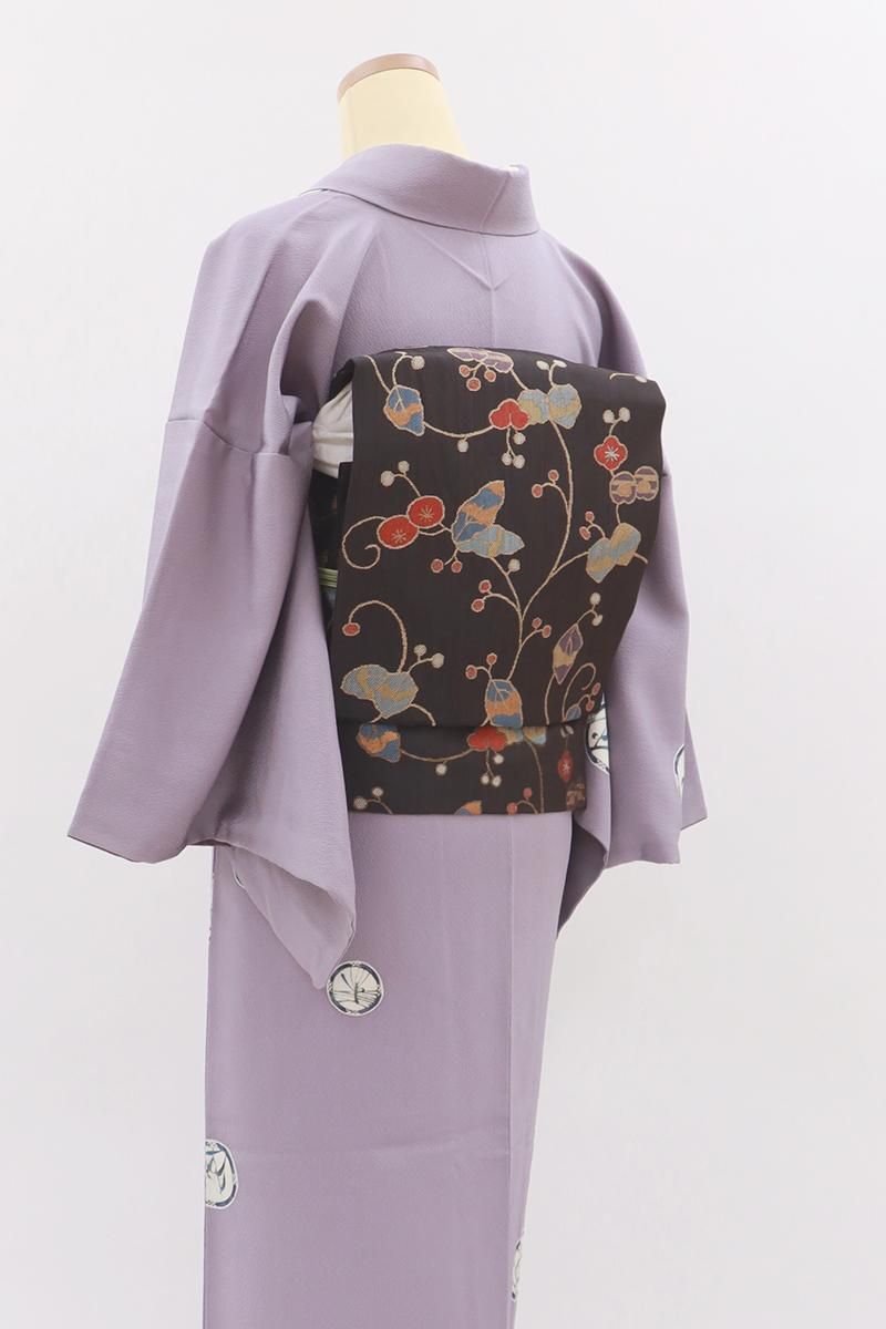 青々苑　名古屋帯　花模様　カラフル　華やか　着物　044a d あおき【K-9331】京都多ち花製 染名古屋帯 黒色 垣根に四季花の